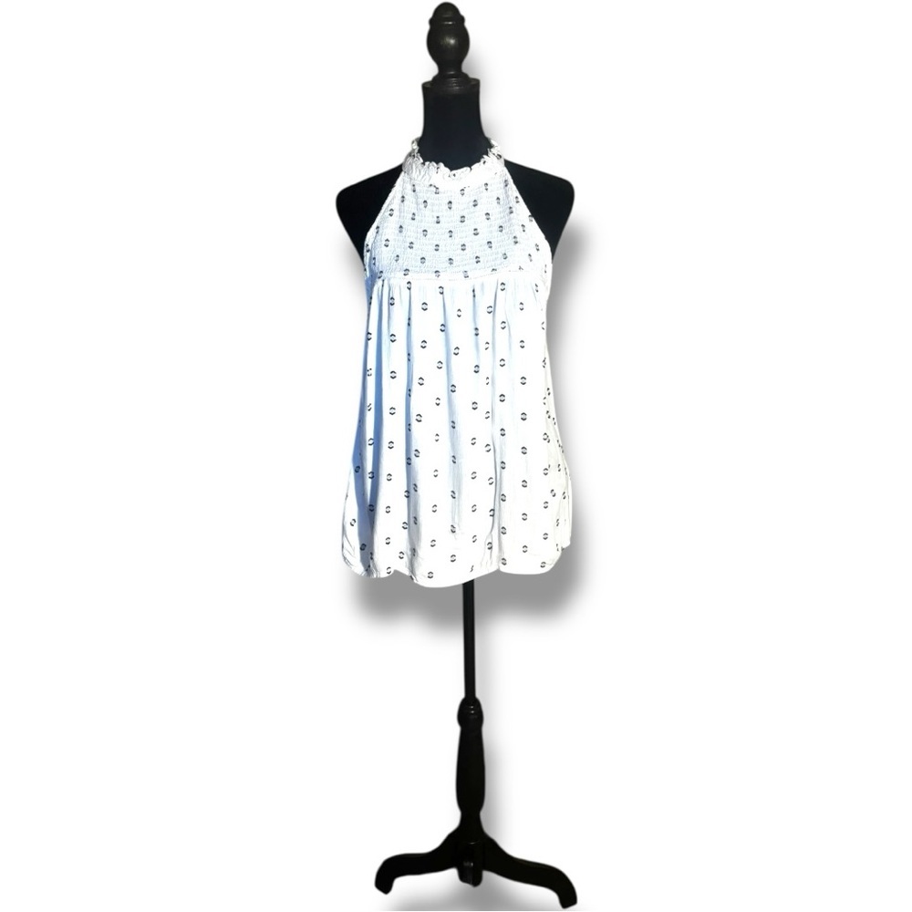 Alya Chic White with Black Pattern High Neck Keyhole Cutout Back Halter Neck Top - Picture 2 of 16